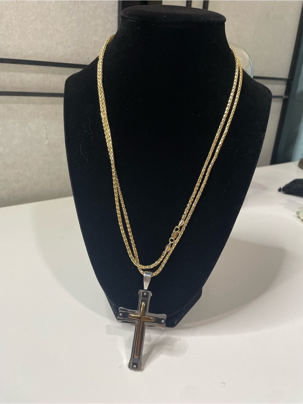 10K Gold Chain 40 Inches & Stainless Steel Cross Pendant with Real Diamonds